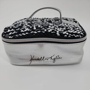 Kendall + Kylie Sequin Makeup Case Silver Black Travel Cosmetic Bag Zip Top